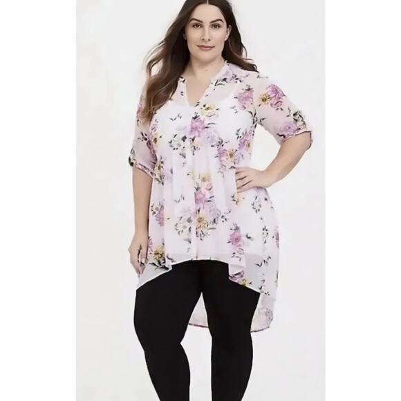 Torrid Sheer Pink Floral Lexie Hi Lo Tunic Plus Size 3X Button-Up Romantic Top - Picture 1 of 8
